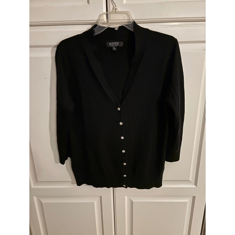 Kasper Separates Black V-Neck Cardigan Rhinestone Button Wool Blend XL